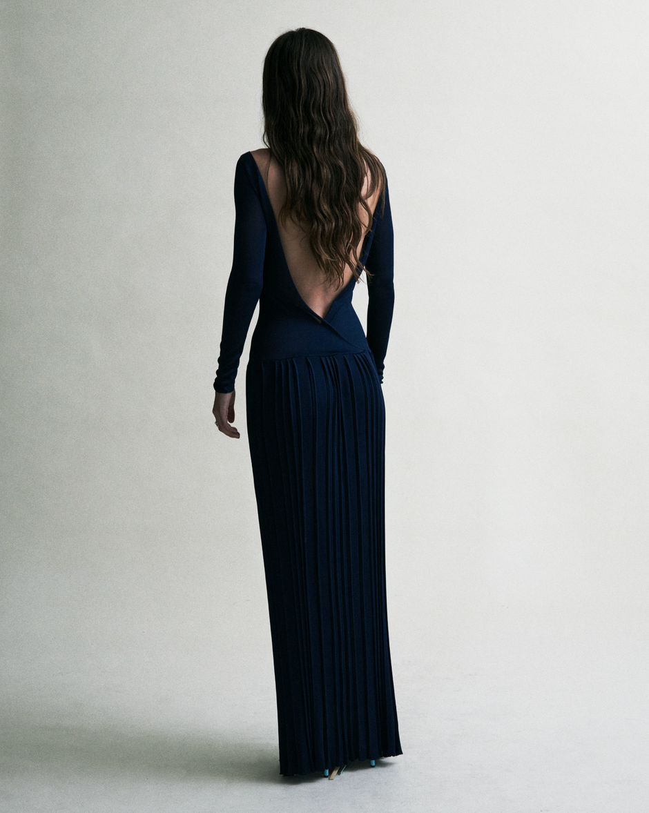 Kingsley Pleated Column Dress - True Navy