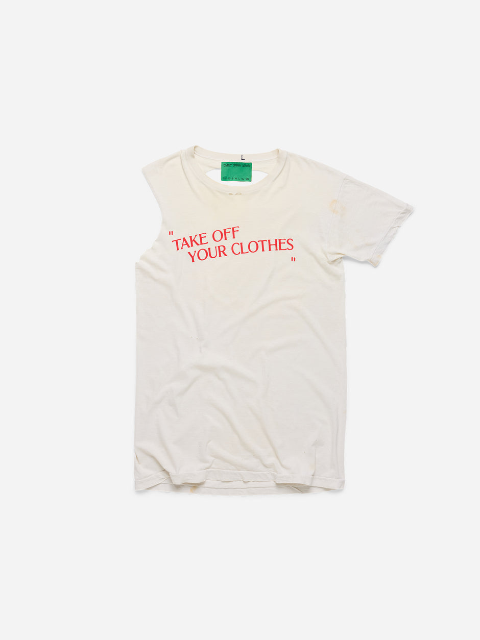“TAKE OFF YOUR CLOTHES” - White Thrashed Tee_L (E2)